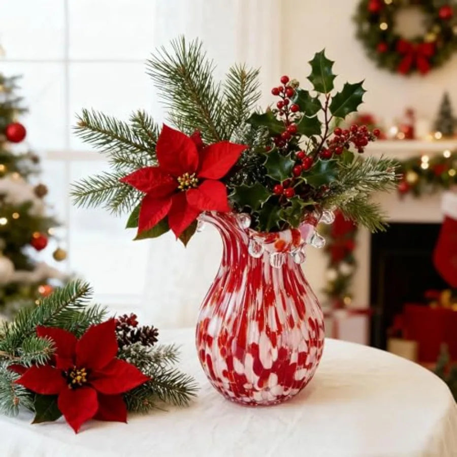 Hand Blown Glass Vase for Flowers, 8 Inch Red Crystal Flower Vases for Bouquet Home Decor Decorative Centerpieces, Unique Gift