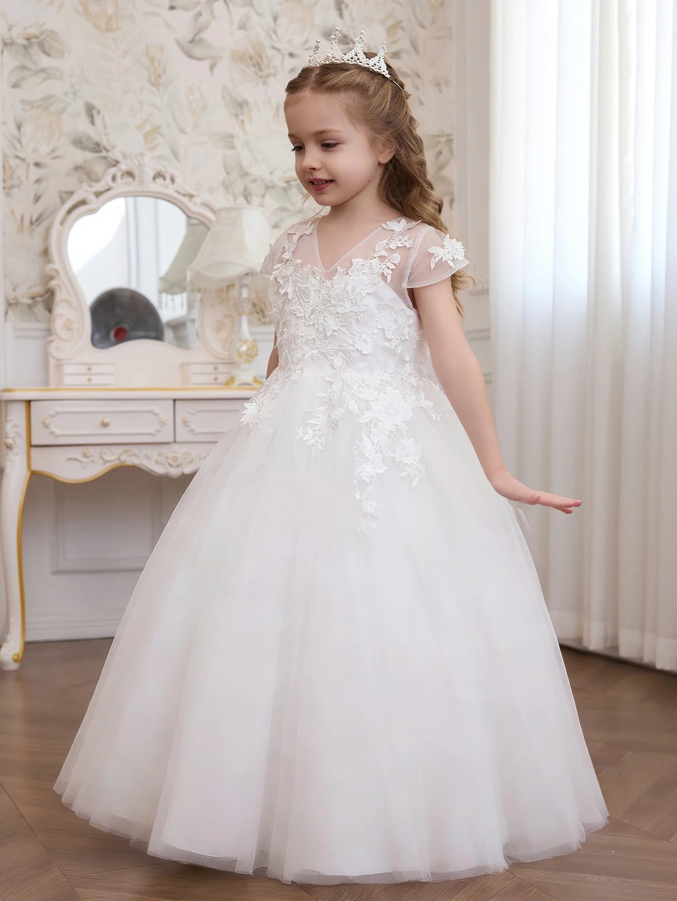 Kids Princess Ivory Short Sleeve Floral Embroidered Tulle Ball Gown Maxi Pageant Dress For Formal Events