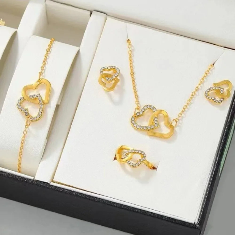 5Pcs Set Gold-Color Heart Shaped Jewelry Sets of Ring Earrings Necklace for Women Elegance Rhinestone Double Heart Jewelry