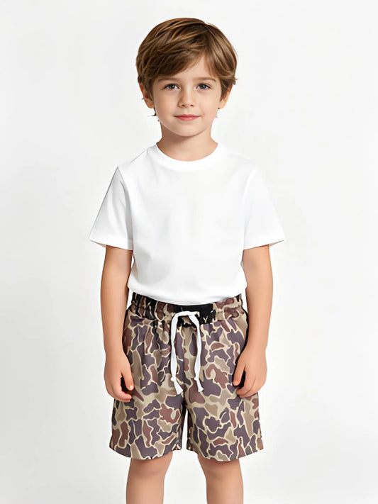 Kids Boys Khaki Camo Elastic Shorts with Pockets Summer Casual Loose Fit Clothing for Boys