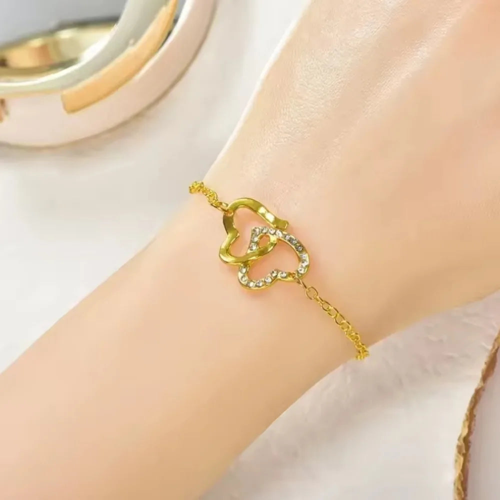 5Pcs Set Gold-Color Heart Shaped Jewelry Sets of Ring Earrings Necklace for Women Elegance Rhinestone Double Heart Jewelry