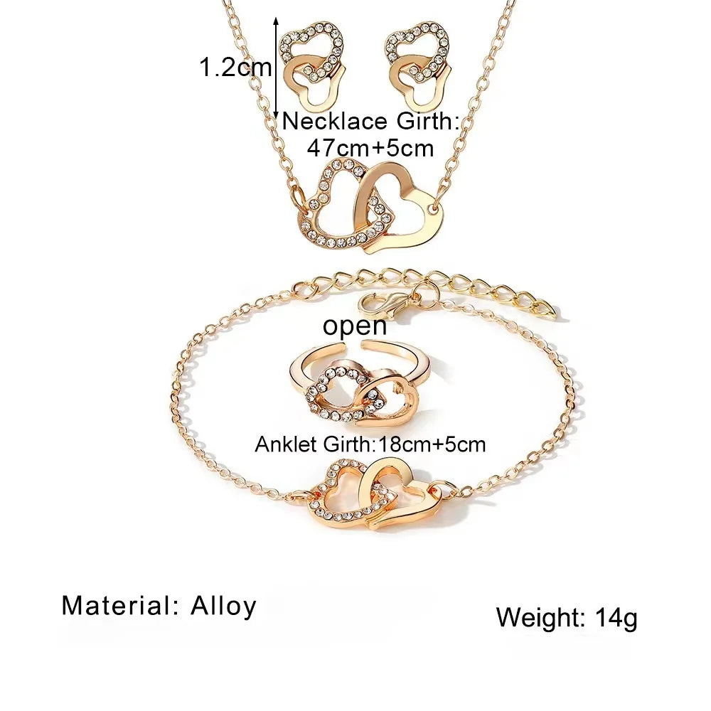 5Pcs Set Gold-Color Heart Shaped Jewelry Sets of Ring Earrings Necklace for Women Elegance Rhinestone Double Heart Jewelry