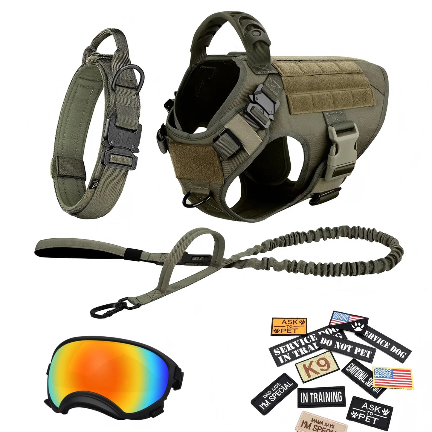 Tactical Dog Harness Vest With Collar Leash Velcro Patches And Sunglasses For Medium Large Dogs Adjustable For Outdoor Training Walking Working And Daily Use