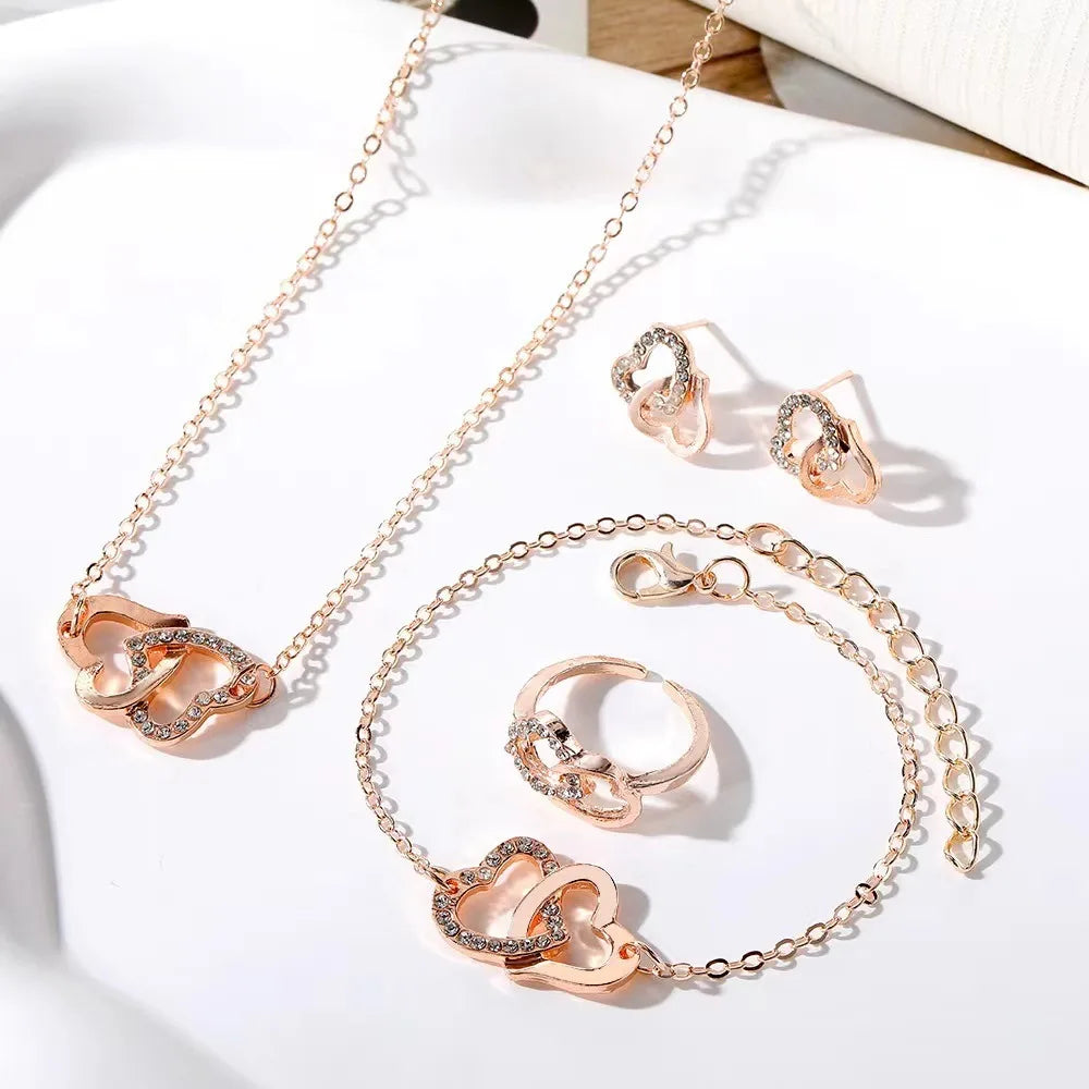 5Pcs Set Gold-Color Heart Shaped Jewelry Sets of Ring Earrings Necklace for Women Elegance Rhinestone Double Heart Jewelry