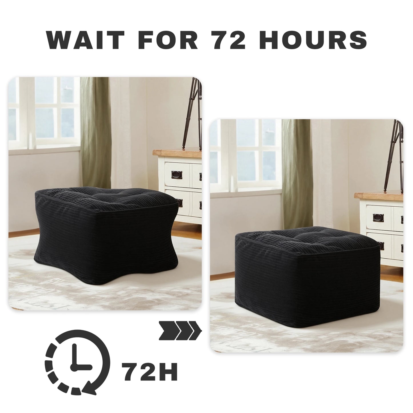 Black Corduroy Square Ottoman Footstool, Tufted Upholstered Footrest for Living Room Bedroom