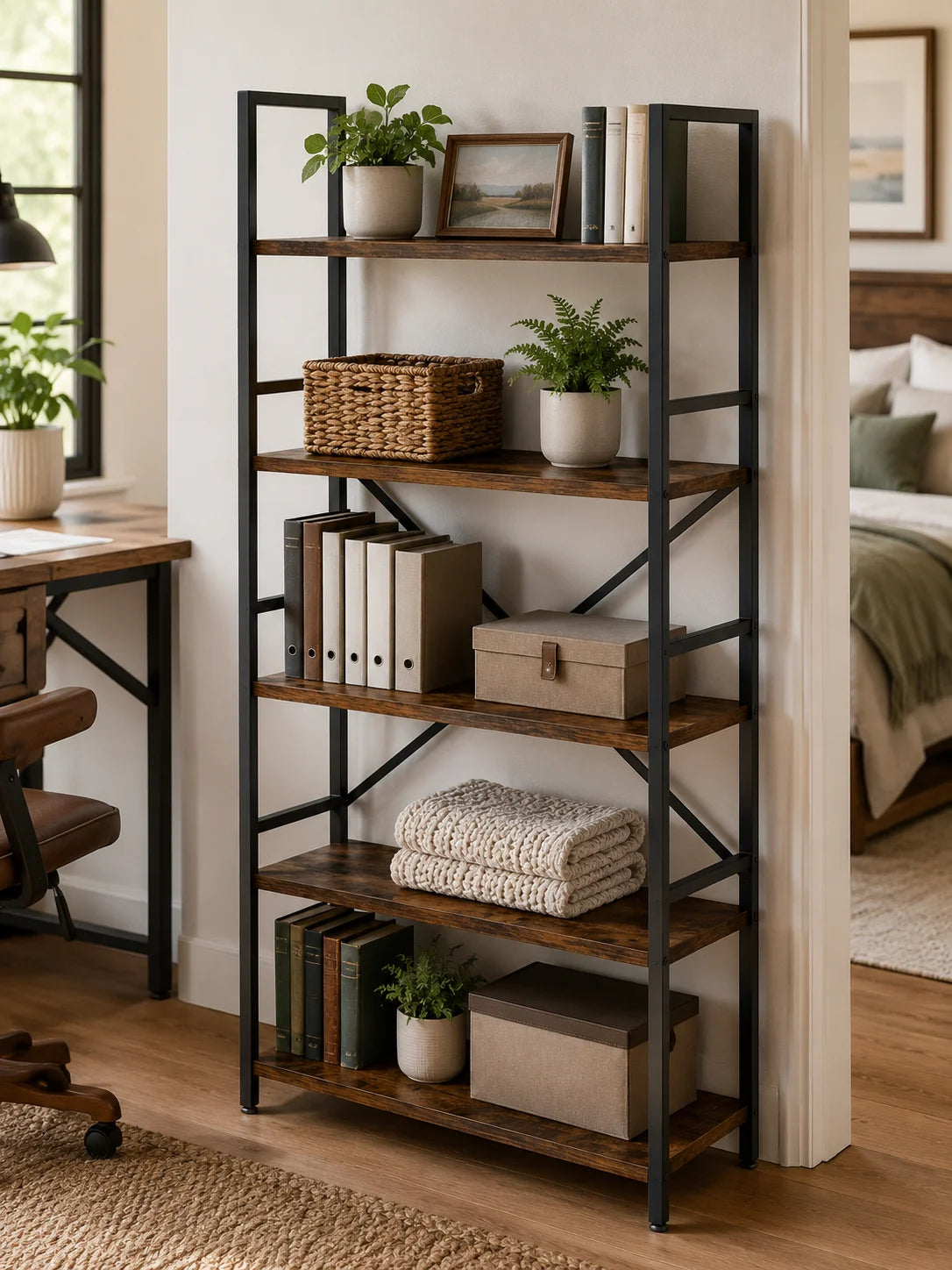 Bookshelf, Rustic Brown Engineered Wood and Black Metal Bookcase, Freestanding Storage Shelves with Cross Back for Home Office Living Room