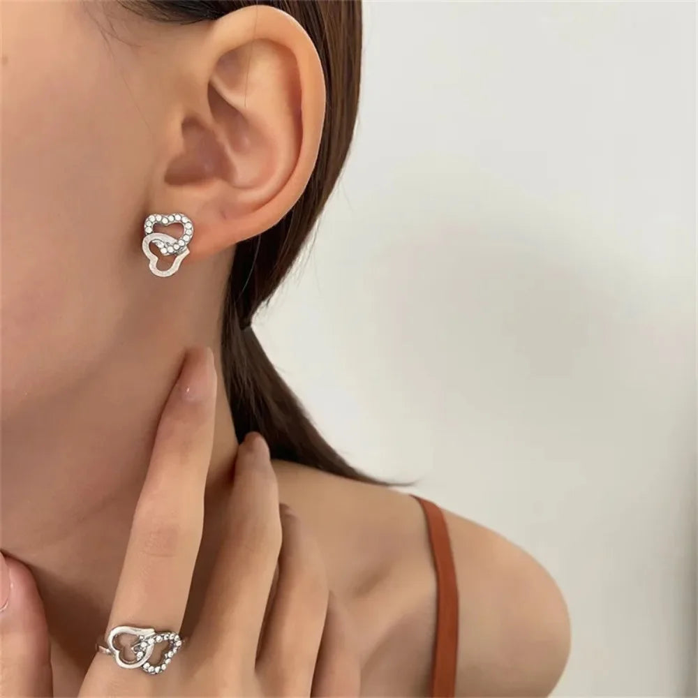 5Pcs Set Gold-Color Heart Shaped Jewelry Sets of Ring Earrings Necklace for Women Elegance Rhinestone Double Heart Jewelry