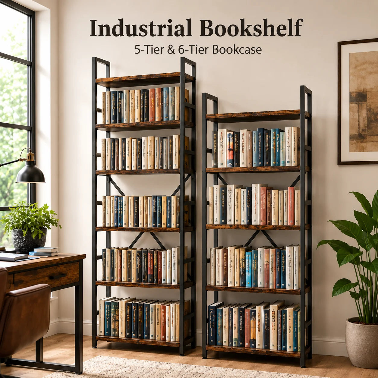 Bookshelf, Rustic Brown Engineered Wood and Black Metal Bookcase, Freestanding Storage Shelves with Cross Back for Home Office Living Room