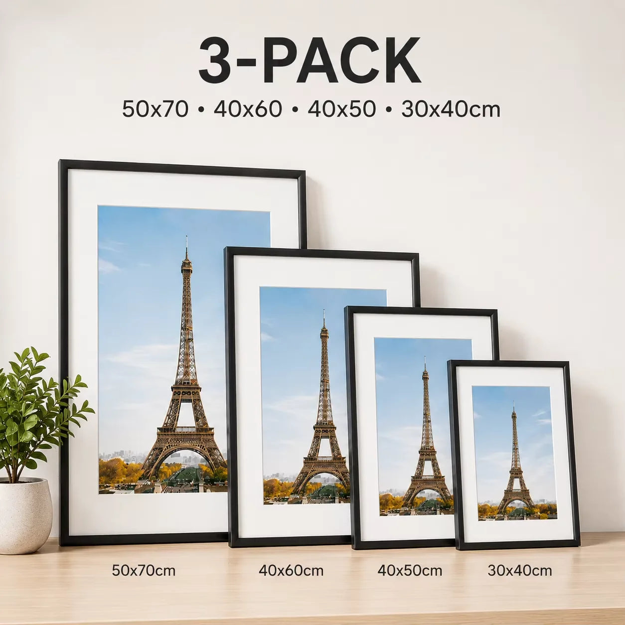 3pcs Modern Black Aluminum Picture Frames Set 30x40cm 40x60cm 50x70cm With Mat For Wall Art Canvas Print Poster Display, Minimalist Gallery Wall Frame For Living Room Bedroom Office Home Decor, Lightweight Easy Mounting Photo