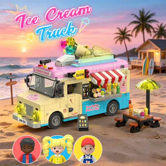 JMBricklayer 1207PCS LED Ice Cream Truck Building Blocks Set Type-C Rechargeable Retro Street Food Cart Model Kit for Adults Girls Home Decor Display Birthday Gift Summer Candy Room Decor Compatible Bricks Collectible Playset