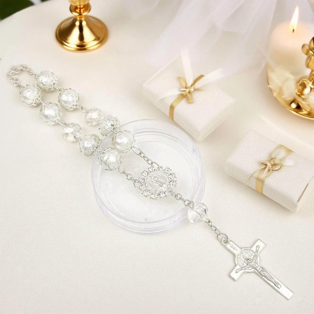 12pcs Baptism Bracelets Rosary for Girls & Boys With Charm Cross Catholic Recuerdos Christening Wedding Shower Birthday Party Favor