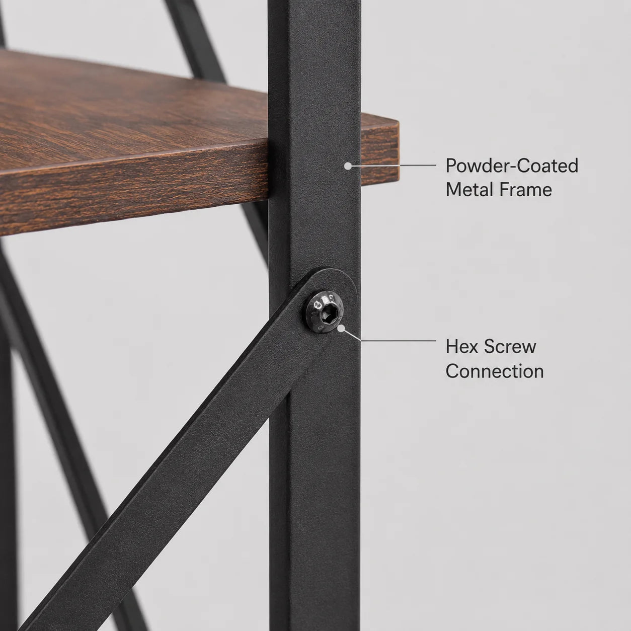 Bookshelf, Rustic Brown Engineered Wood and Black Metal Bookcase, Freestanding Storage Shelves with Cross Back for Home Office Living Room