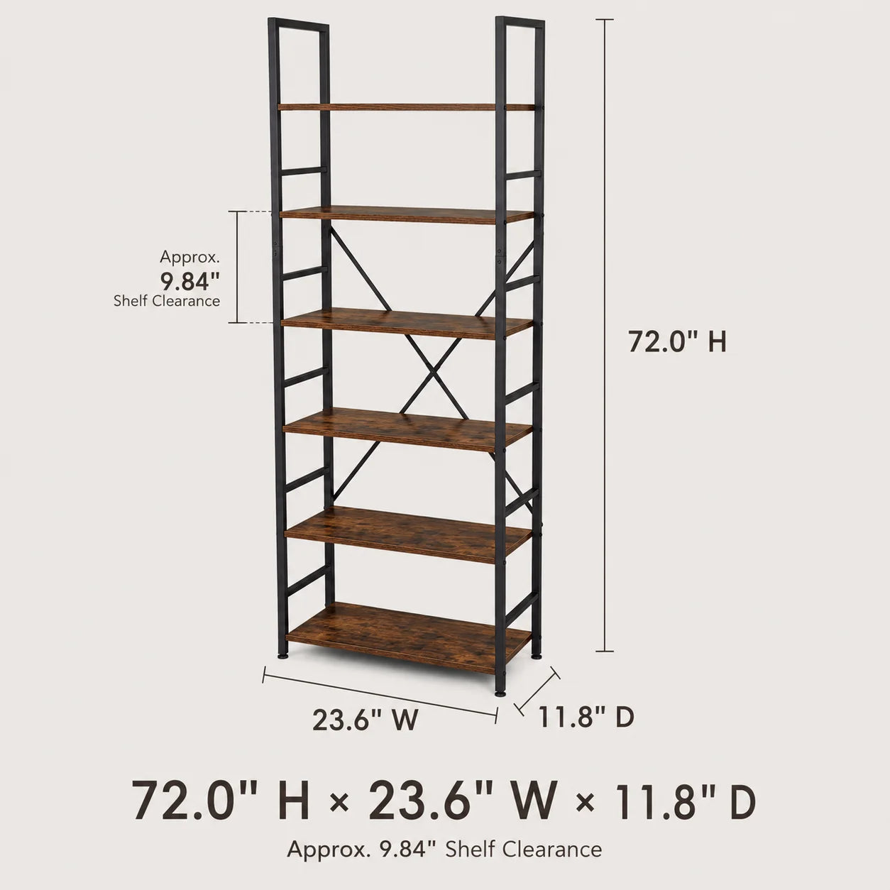 Bookshelf, Rustic Brown Engineered Wood and Black Metal Bookcase, Freestanding Storage Shelves with Cross Back for Home Office Living Room