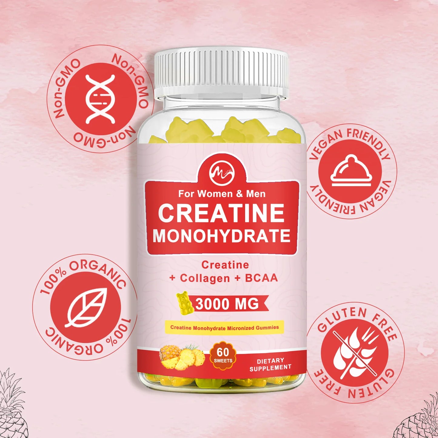 3000mg CREATINE MONOHYDRATE Gummies For Women & Men Proven Strength and Power Gains Muscle Production