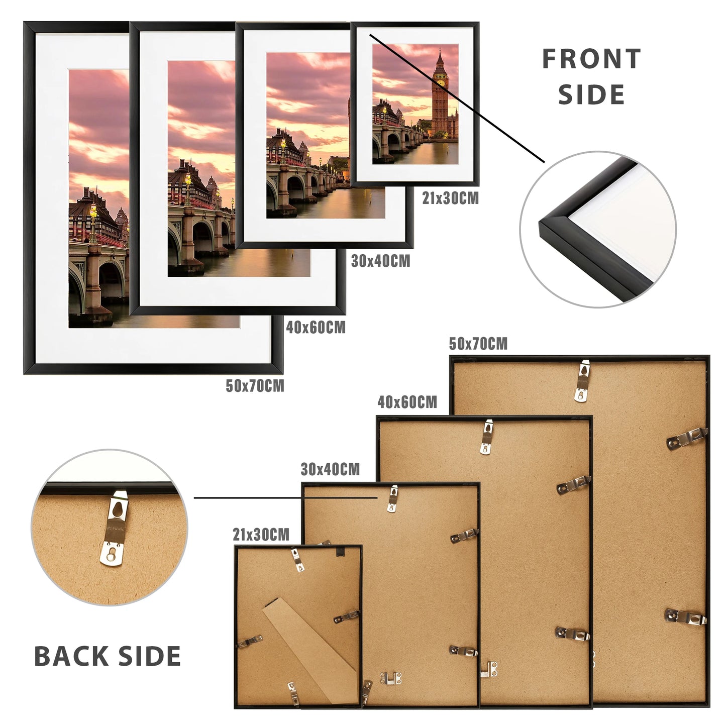 3pcs Modern Black Aluminum Picture Frames Set 30x40cm 40x60cm 50x70cm With Mat For Wall Art Canvas Print Poster Display, Minimalist Gallery Wall Frame For Living Room Bedroom Office Home Decor, Lightweight Easy Mounting Photo