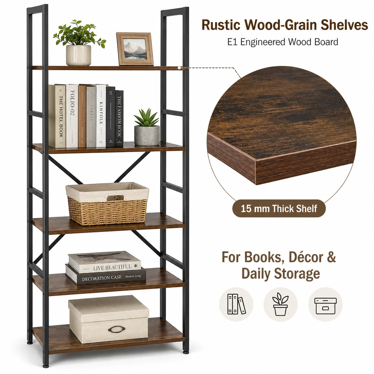 Bookshelf, Rustic Brown Engineered Wood and Black Metal Bookcase, Freestanding Storage Shelves with Cross Back for Home Office Living Room
