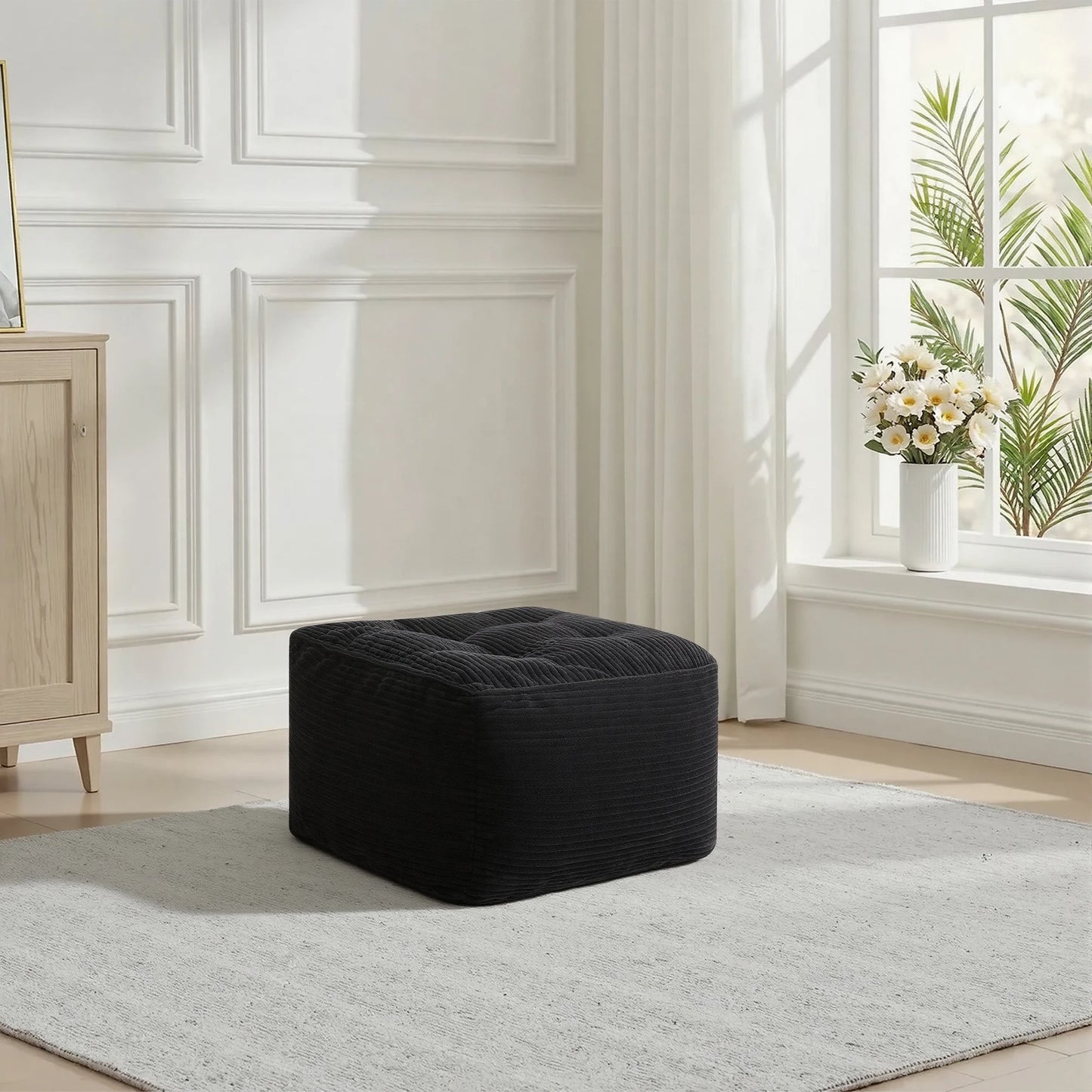 Black Corduroy Square Ottoman Footstool, Tufted Upholstered Footrest for Living Room Bedroom