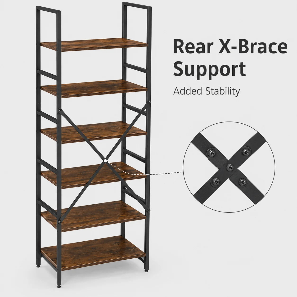 Bookshelf, Rustic Brown Engineered Wood and Black Metal Bookcase, Freestanding Storage Shelves with Cross Back for Home Office Living Room