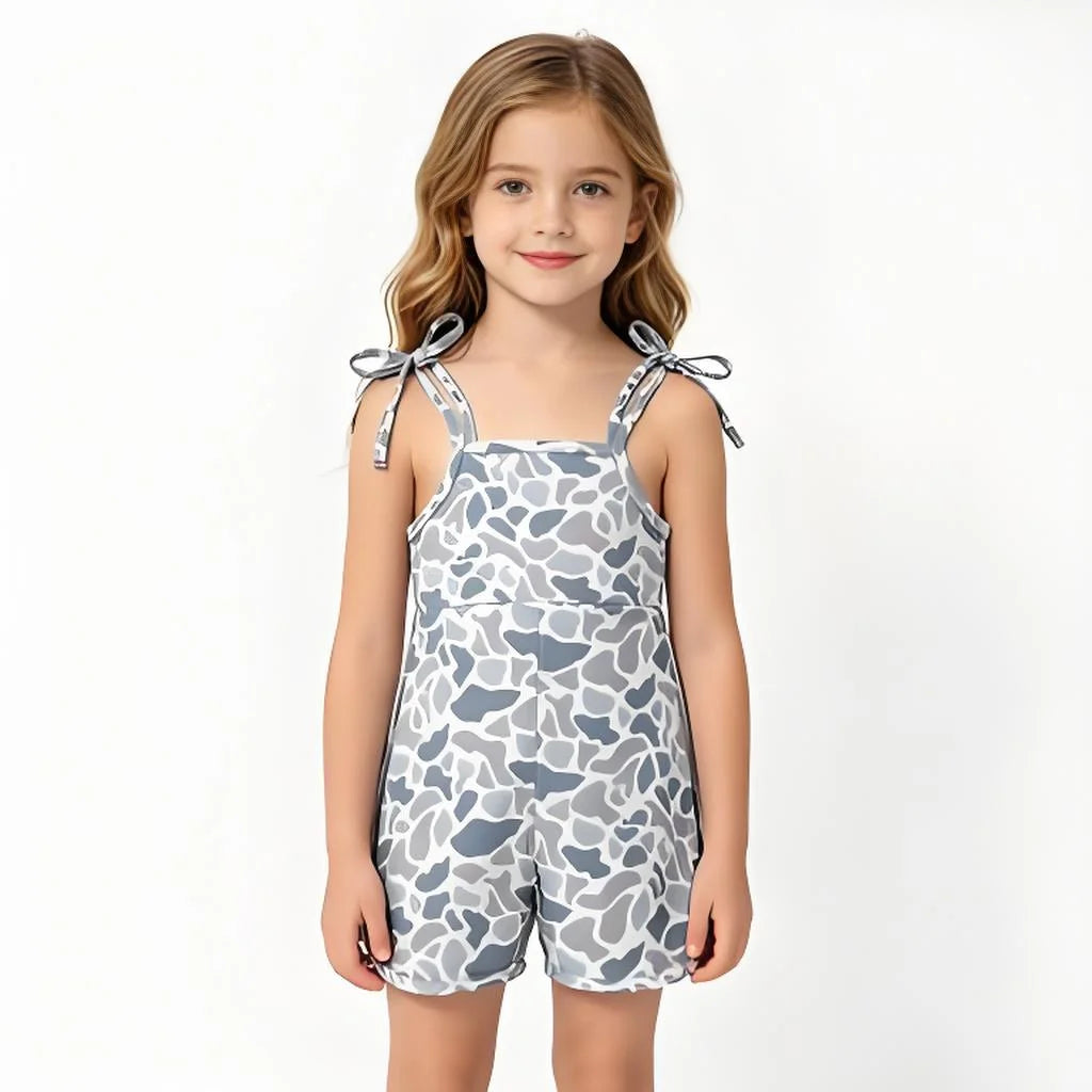 Kids Grey Camo Jumpsuit with Straps Short Length Girls Overall Romper