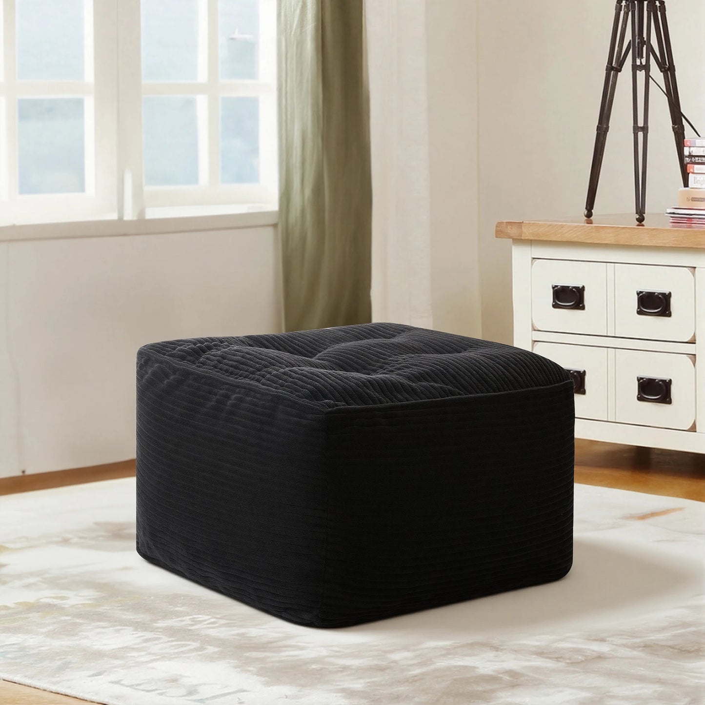 Black Corduroy Square Ottoman Footstool, Tufted Upholstered Footrest for Living Room Bedroom