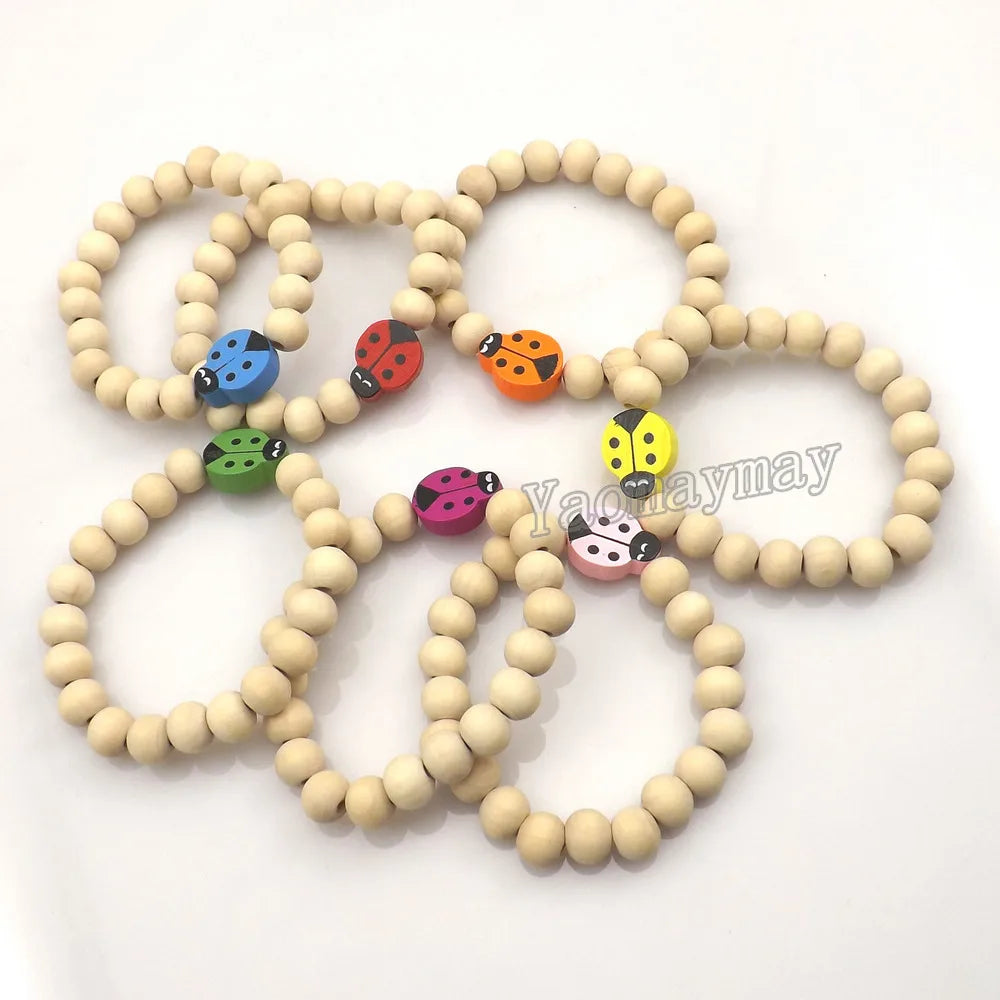20pcs/lot Pretty Ladybug Wooden Charm Bracelets For Children Cute Gift