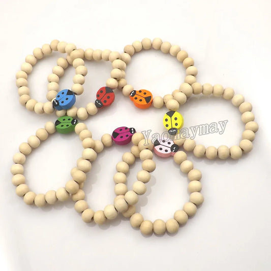20pcs/lot Pretty Ladybug Wooden Charm Bracelets For Children Cute Gift