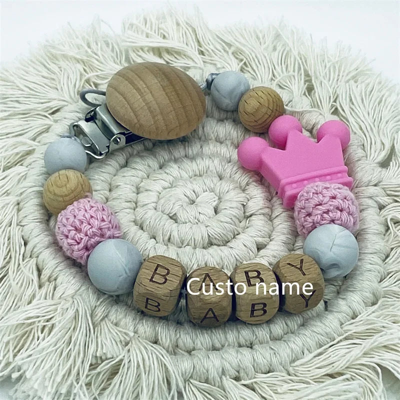 DIY Custom Name Silicone Beads Wooden Ring Pacifier Clips Safe Teething Chains Baby Teether Eco-friendly Dummy Beech Clips Gift