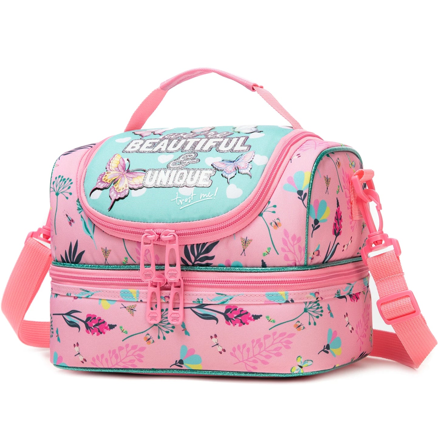 Girls Cute Unicorn Kitten Print Double Deck Lunch Bag Portable Handheld Insulated Food Bag Leakproof Washable Snack Container Bag