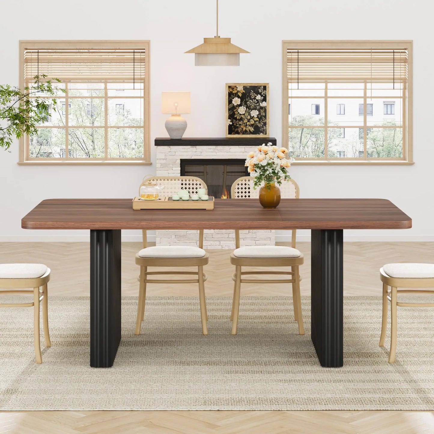 Modern Dining Table for 6-8, 71" Rectangular Farmhouse Kitchen Table with 3.6"×22.9" Black Fluted Wave Metal Legs & Wooden Top, Large Dining Table for Home Office, Dining