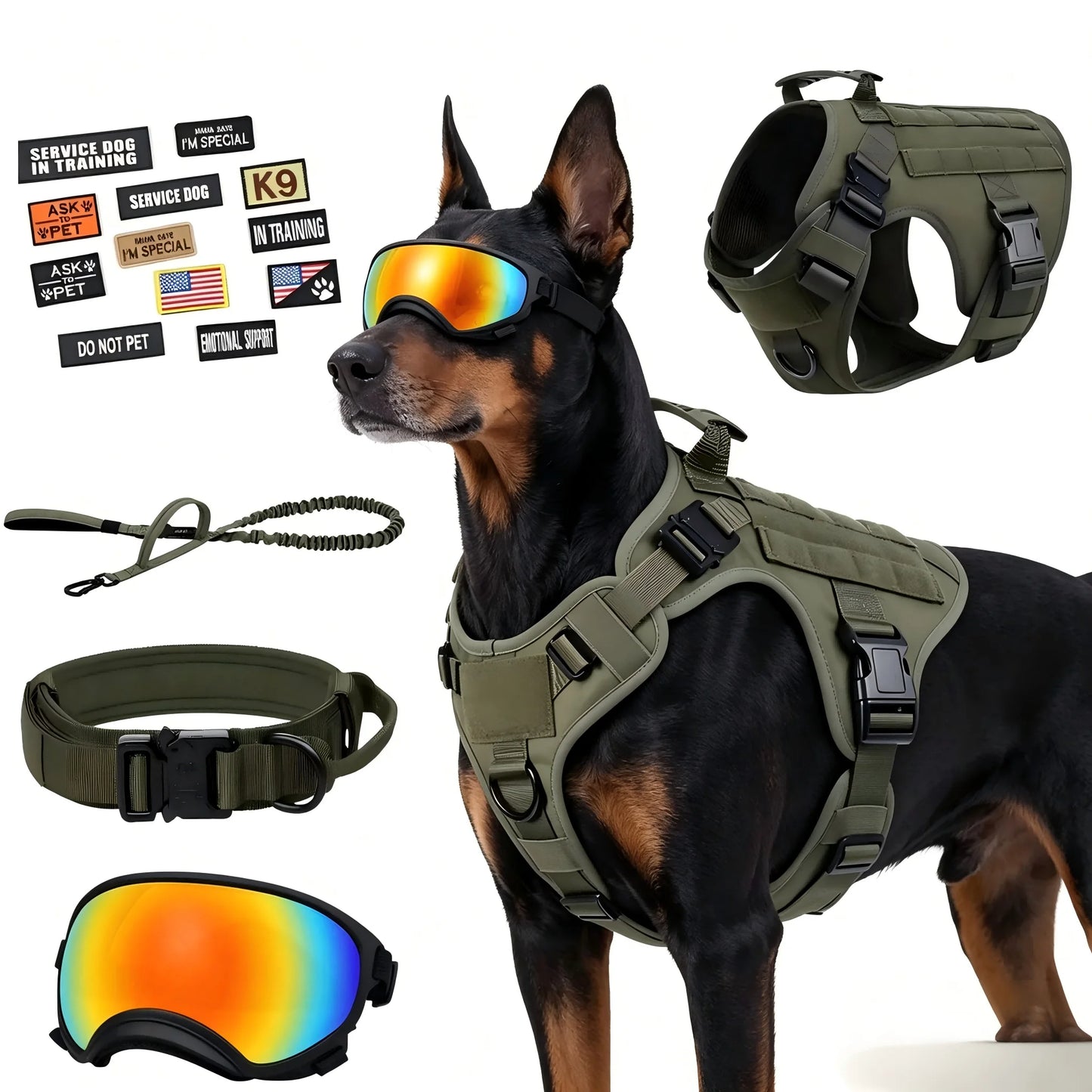 Tactical Dog Harness Vest With Collar Leash Velcro Patches And Sunglasses For Medium Large Dogs Adjustable For Outdoor Training Walking Working And Daily Use
