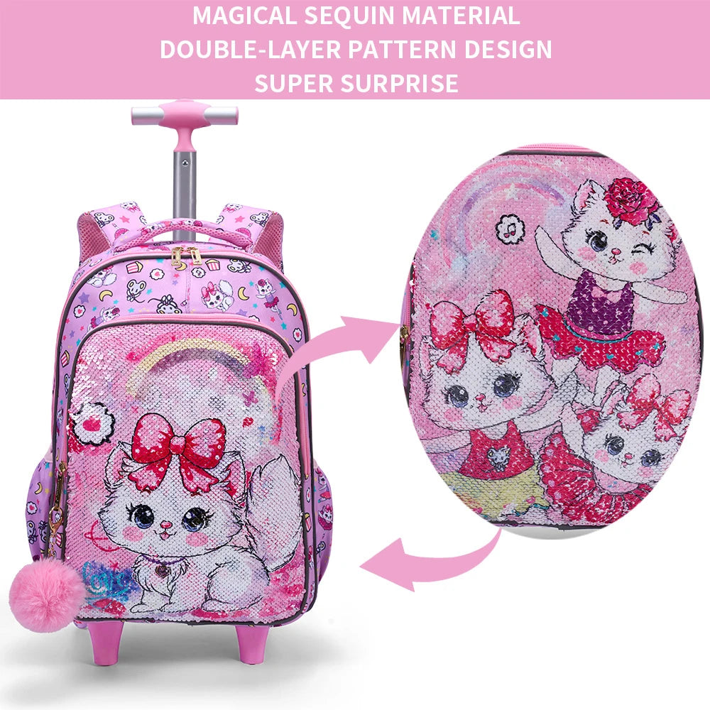 3PCS Kids travel bag, Luggage Bag, Bookbag with wheels, With Lunch Box And Pen Bag, Pink Cat sequin, Nighttime reflective