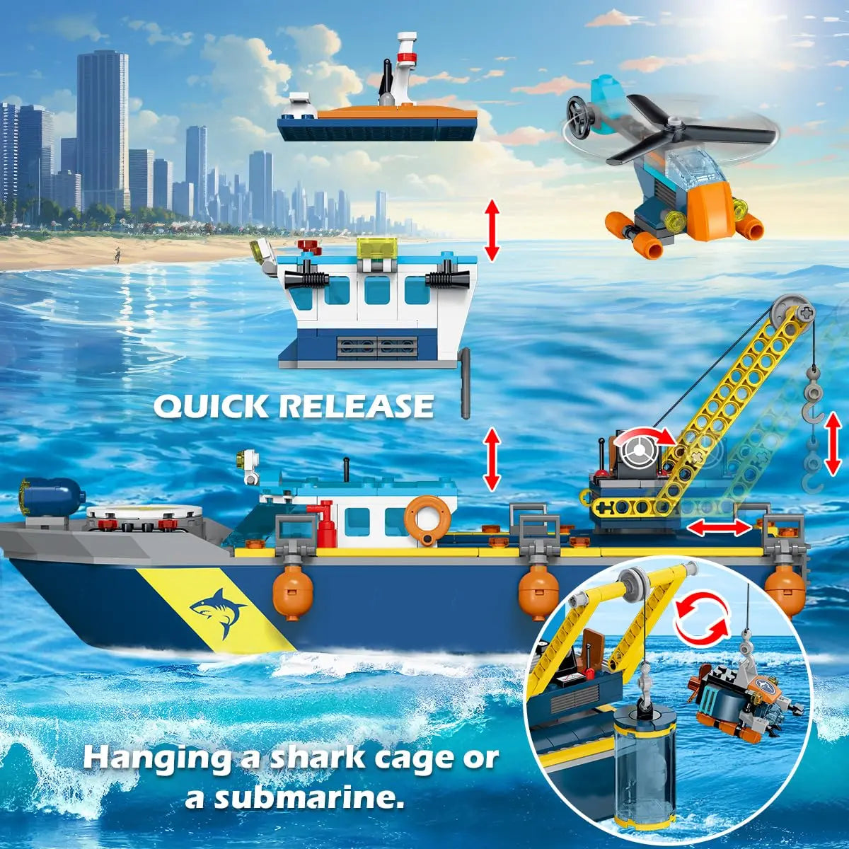 Floatable Boat Building Set with LED-Fun Arctic Explorer Ship with Helicopter Sub Shark Cage Birthday Gift for 6+kids