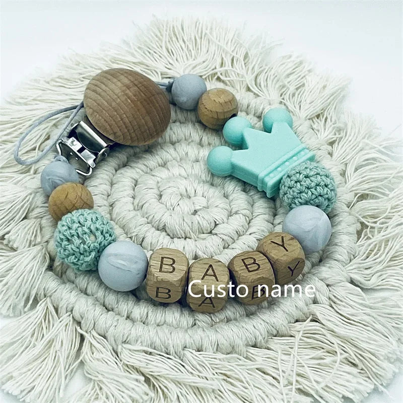 DIY Custom Name Silicone Beads Wooden Ring Pacifier Clips Safe Teething Chains Baby Teether Eco-friendly Dummy Beech Clips Gift