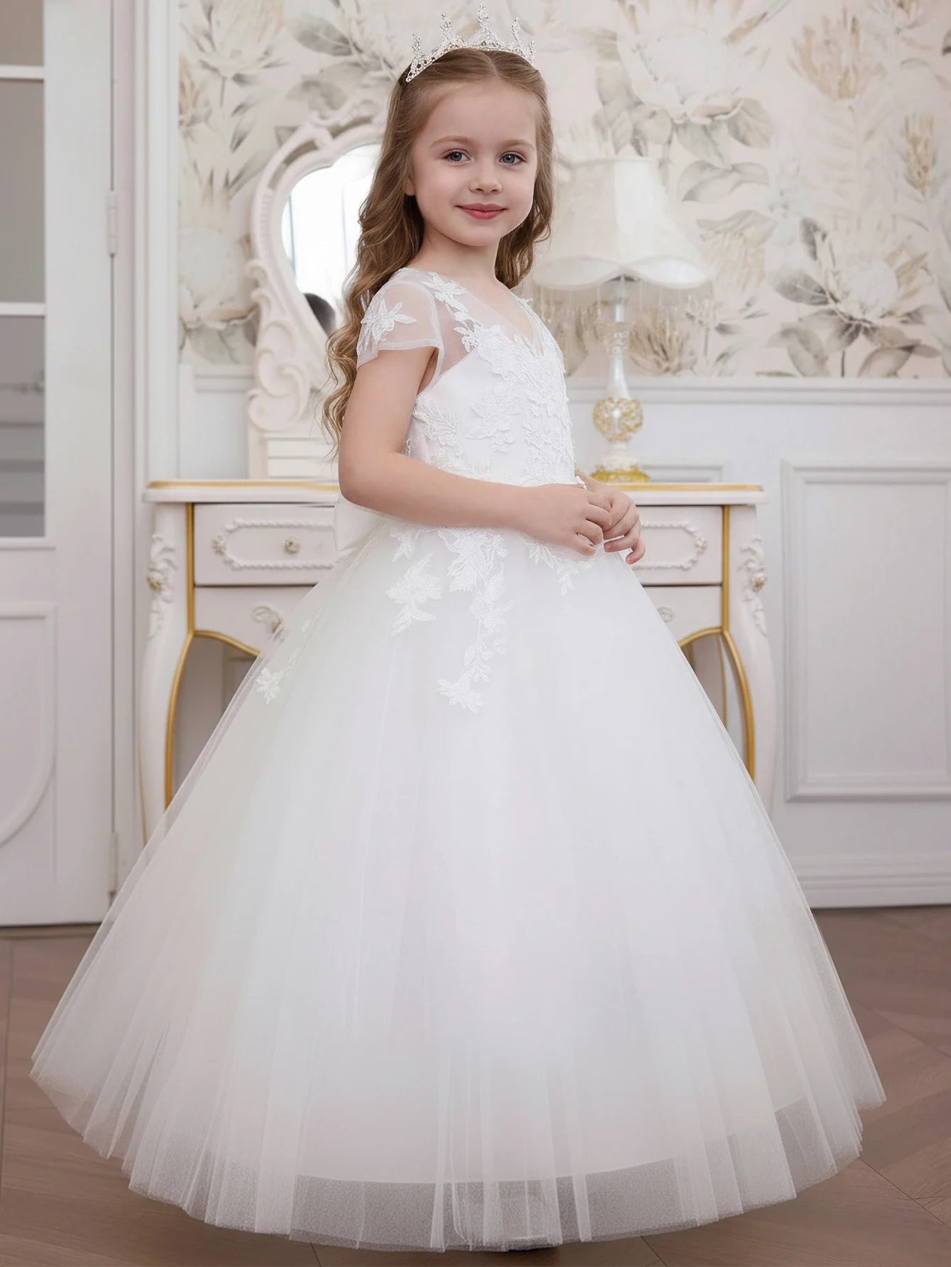 Kids Princess Ivory Short Sleeve Floral Embroidered Tulle Ball Gown Maxi Pageant Dress For Formal Events