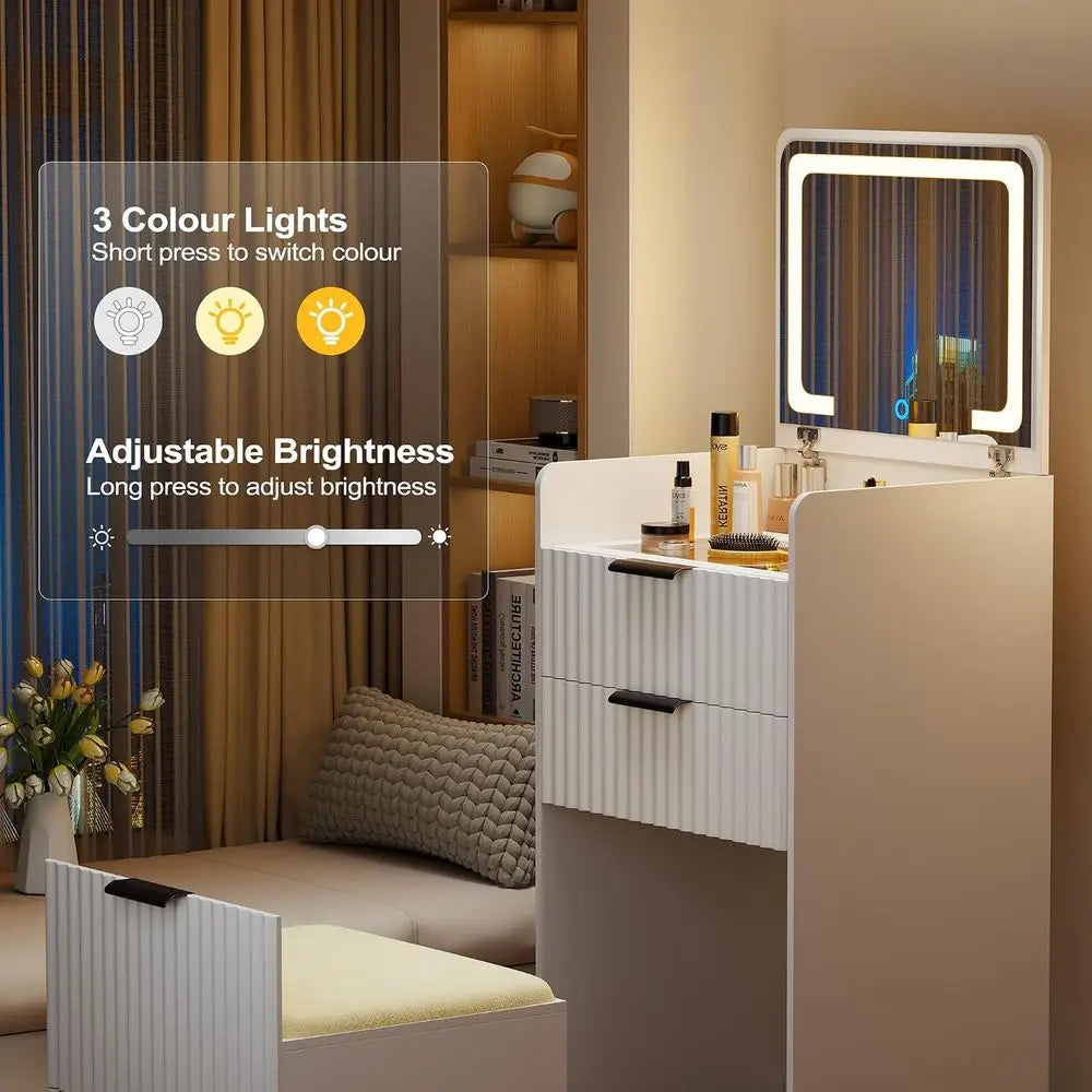 Compact White Vanity Desk with Flip Mirror, Glass Top and Storage, Includes Padded Stool