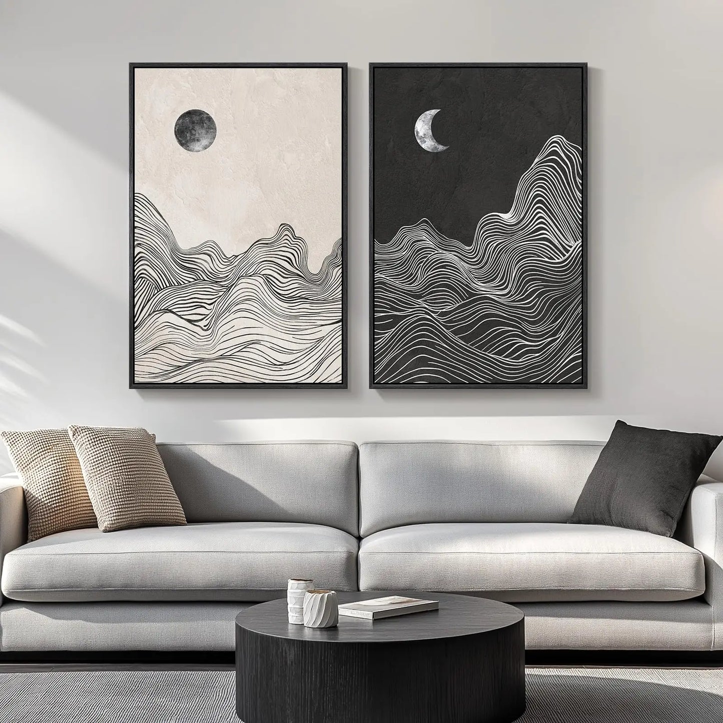 Framed Neutral Abstract Wall Art Set of 2, Black Beige Modern Canvas Prints Paintings Artwork for Walls, Minimalist Block Lines Pictures for Living Room, Dining Room, Bedroom Wall Decor 16x24 In