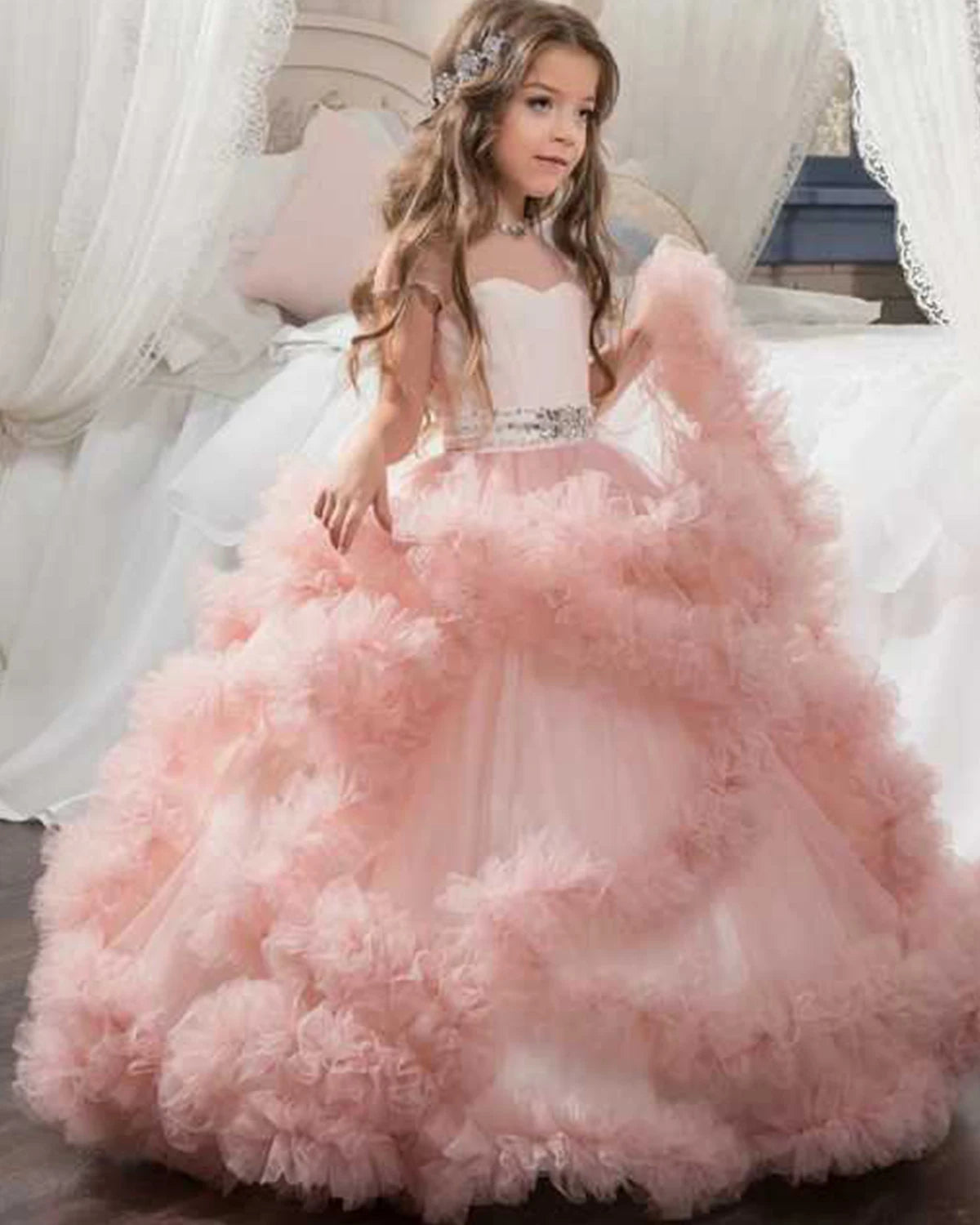 Girls Blush Pink Cap Sleeve Illusion Back Sweetheart Neckline Ruffled Tulle Flower Girl Dress With Large Back Bow For Wedding Party