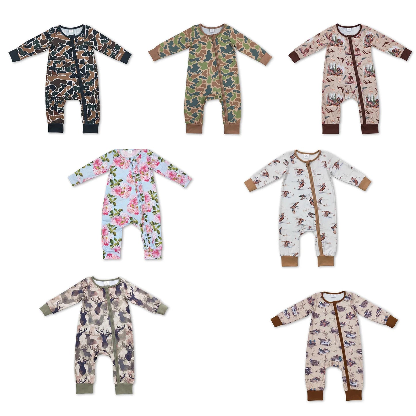 All Over Print Bamboo Baby Zipper Romper Long Sleeve Infant Sleeper Jumpsuit Hunting Camo Floral Newborn Sleepwear