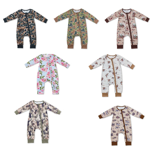 All Over Print Bamboo Baby Zipper Romper Long Sleeve Infant Sleeper Jumpsuit Hunting Camo Floral Newborn Sleepwear