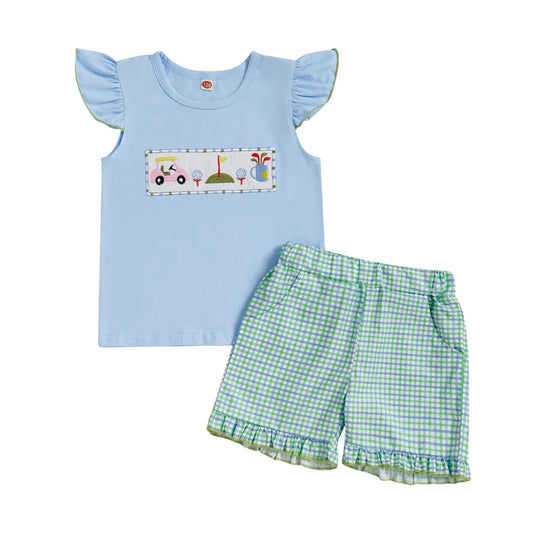 Adorable Baby Girls Summer Outfits with Embroidered Golf Design Flutter Sleeves and Elastic Ruffle Plaid Shorts - Stylish