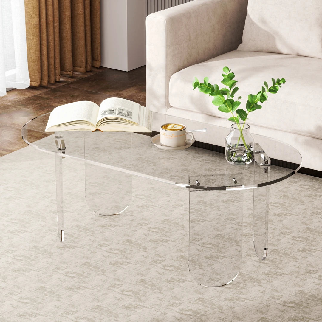 Clear Transparent Oval Acrylic Coffee Table, Modern Accent End Side Table with 4 Legs & PVC Cover for Living Room, Office