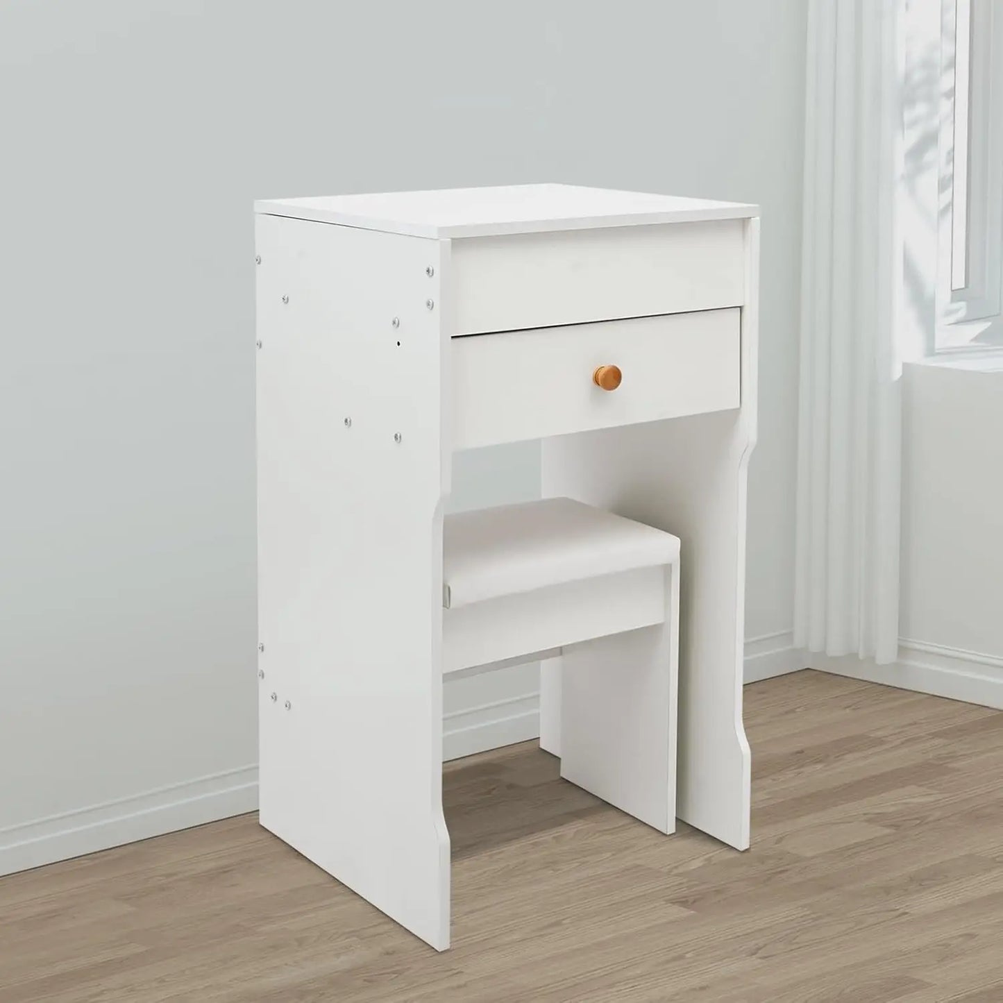White 2-in-1 Flip Top Mini Vanity Desk Set, Makeup Table with Mirror, Drawer & Padded Stool, Multi-Purpose Corner Bedroom Vanity Nightstand