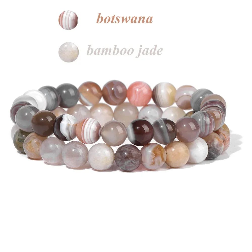 2Pcs Colorful Natural Stone Bead Bracelet Set 8MM Natural Agates Turquois Amethysts Quartzs Gem Stretch Bangle Jewelry Gift