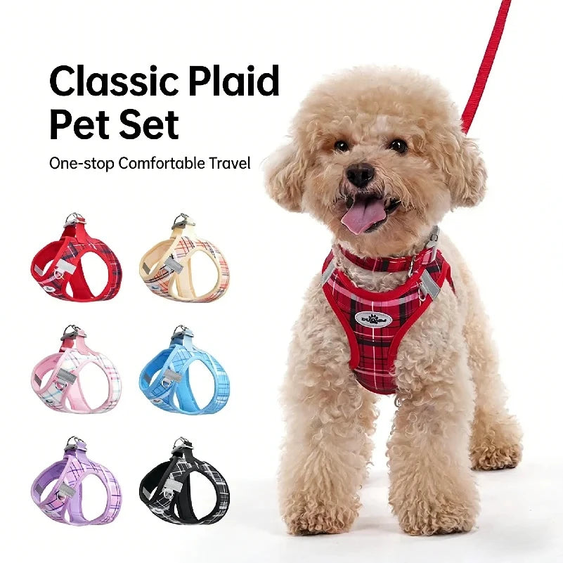 Classic Plaid Pet Three-Piece Set, Stress-Relief Leash, Vest-Style Harness, New Year Dog Harness