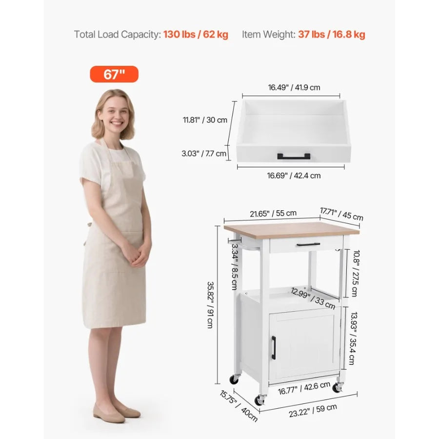 Kitchen Island Cart with Single Door Cabinet Mobile Carts with Drawer Towel Rack Hooks Portable Table on Swivel Wheels Small Co