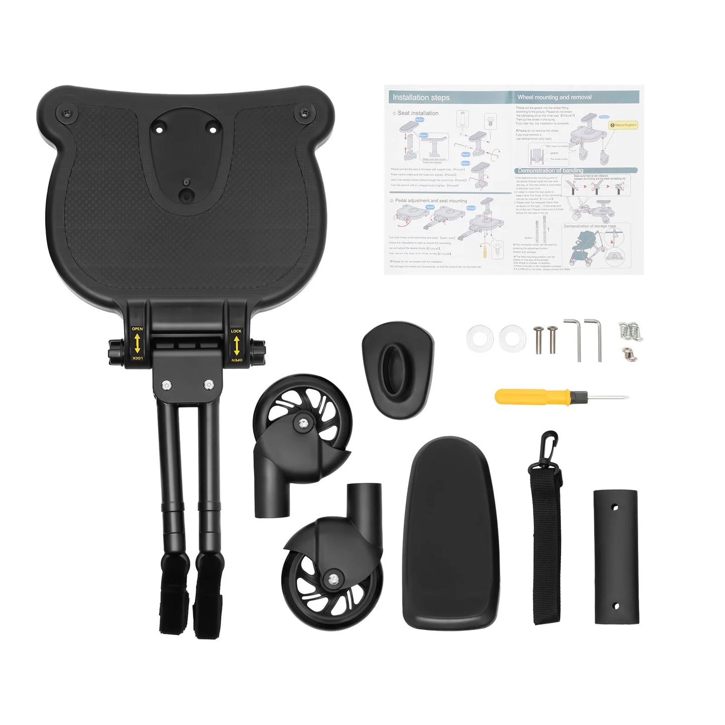 2 in 1 Universal Stroller Board with Detachable Seat Kids Standing Sit Buggy Board Wheeled Pram Pedal Adapter Load 25KG Black