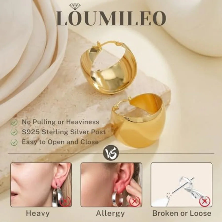 LOUMILEO 24MM Wide Thick Silver Hoop Earrings for Women Lightweight 925 Sterling Silver Hoop Earrings Large Chunky 14K Gold Pla