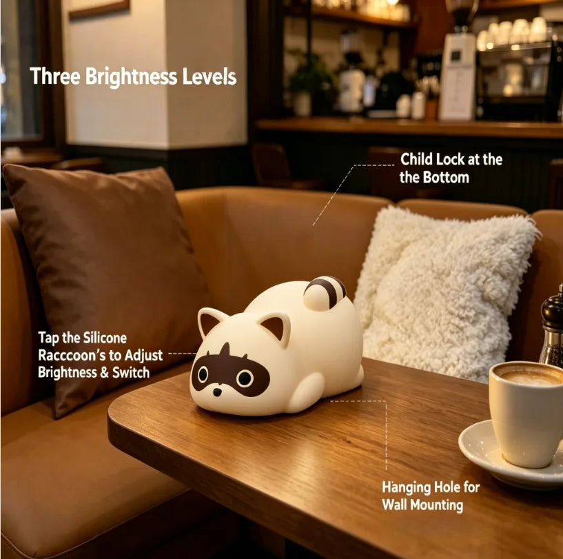 Portable Rechargeable Night Light 1200mAh, Silicone Raccoon Touch Control Lamp with 3 Dimmable Modes,Bedside Lamp Cute Gift