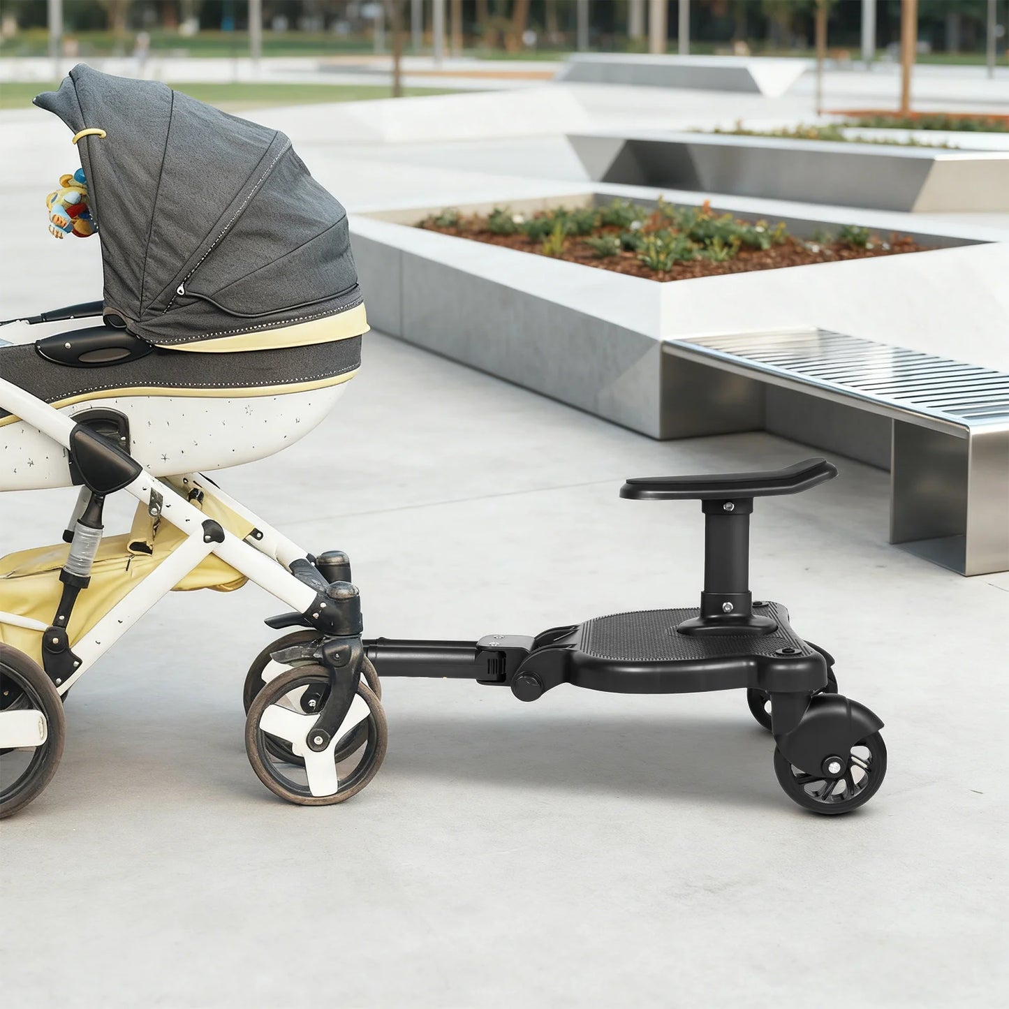 2 in 1 Universal Stroller Board with Detachable Seat Kids Standing Sit Buggy Board Wheeled Pram Pedal Adapter Load 25KG Black