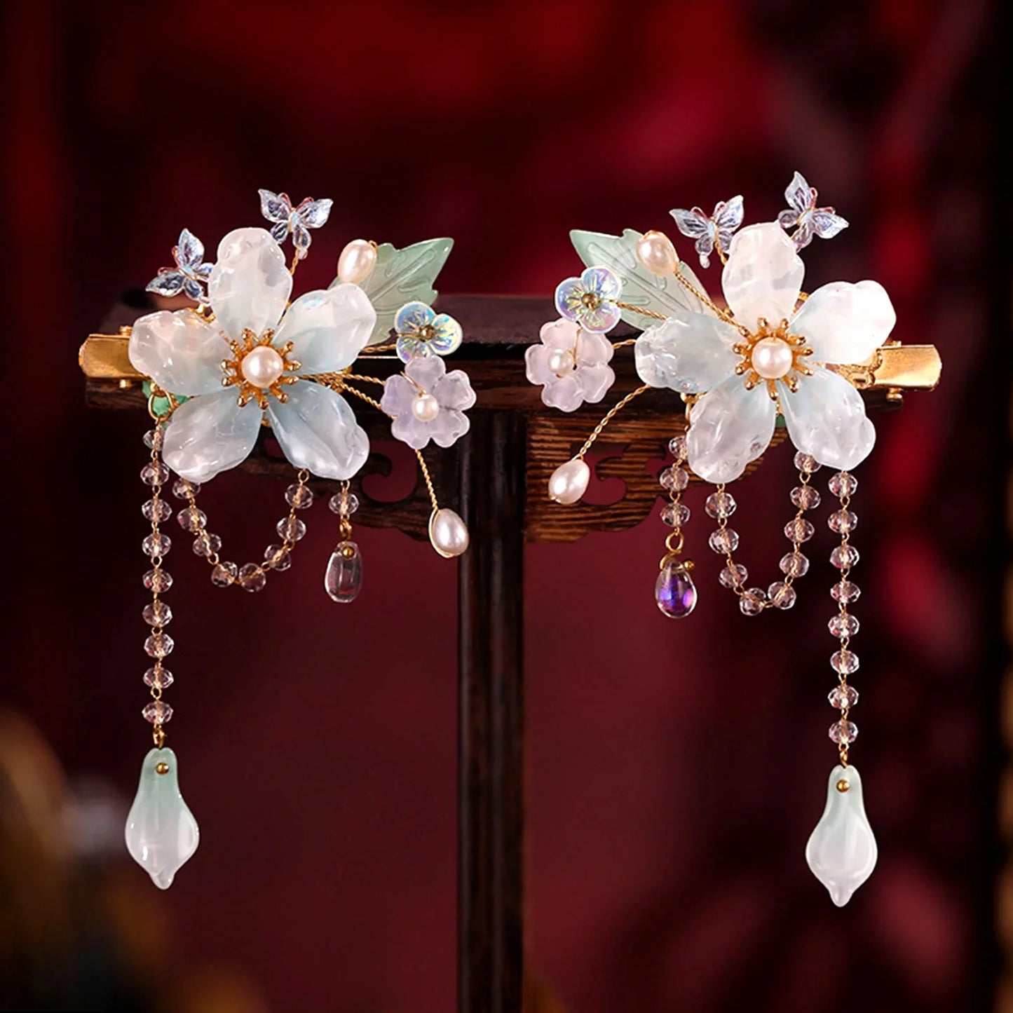 2pcs Chinese Hanfu Hair Clips Hairpins Flower Girls Pink Barretes Crystal Tassel Children Hair Accessories Jewelry Headwear